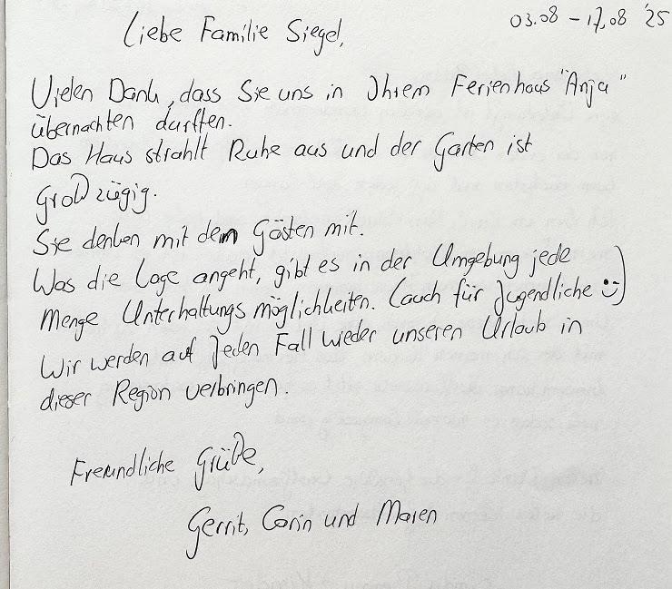 Handschriftlicher Gästebucheintrag von Gerrit, Carin und Maren