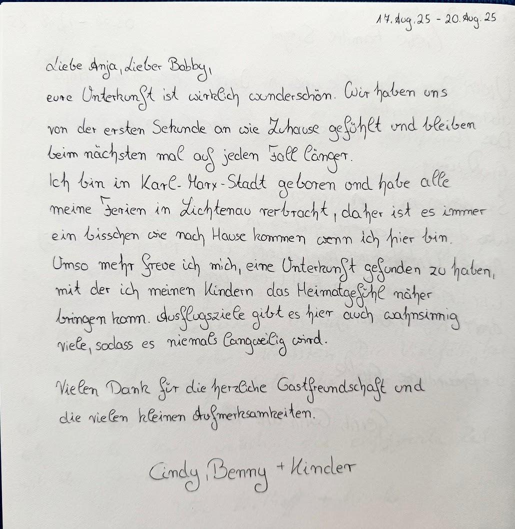 Handschriftlicher Gästebucheintrag von Cindy, Benny und Kinder